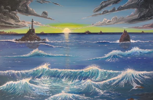 Sea waves lighthouse sunset